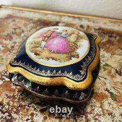 Vintage Limoges Cobalt Blue And Gold Porcelain Jewelry Trinket Box