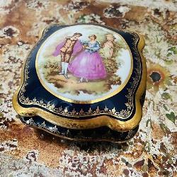 Vintage Limoges Cobalt Blue And Gold Porcelain Jewelry Trinket Box