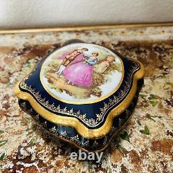 Vintage Limoges Cobalt Blue And Gold Porcelain Jewelry Trinket Box