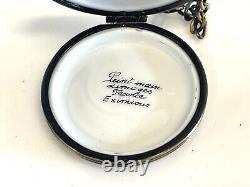 Vintage Limoges France Eximious Peint Main Porcelain Pocketwatch Trinket Box