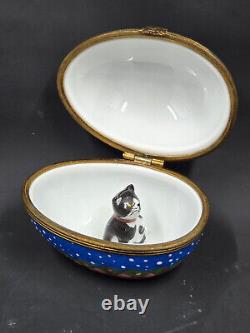 Vintage Limoges France Hand Painted Porcelain Cat Trinket Box