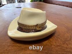 Vintage Limoges France Peint Main Fedora Hat Trinket Box Hand Painted