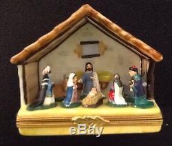 Vintage Limoges France Peint Main French Porcelain Nativity Manger Trinket Box