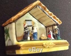 Vintage Limoges France Peint Main French Porcelain Nativity Manger Trinket Box