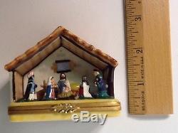 Vintage Limoges France Peint Main French Porcelain Nativity Manger Trinket Box