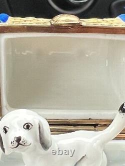 Vintage Limoges France Peint Main Porcelain Trinket Box Dog Carrier Basket