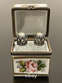 Vintage Limoges France Peint Main Porcelain Trinket Box with Two Perfume Bottles