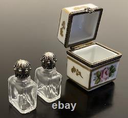 Vintage Limoges France Peint Main Porcelain Trinket Box with Two Perfume Bottles