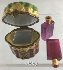 Vintage Limoges France Peint Main Red Two Perfume Bottle Porcelain Trinket Box