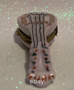 Vintage Limoges France Pink Floral Lute Guitar Hinged Trinket Box