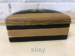 Vintage Limoges France Porcelain Painted Black Gold & Tan Dresser Box Instrument