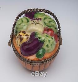 Vintage Limoges, France Porcelain Trinket Box, Basket with Produce Fruits & Veg
