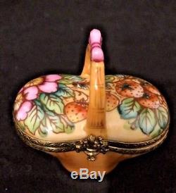 Vintage Limoges France Wicker' Basket with Flowers & Fruits Trinket Box