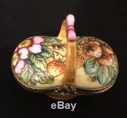 Vintage Limoges France Wicker' Basket with Flowers & Fruits Trinket Box