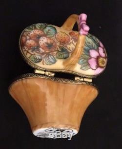Vintage Limoges France Wicker' Basket with Flowers & Fruits Trinket Box