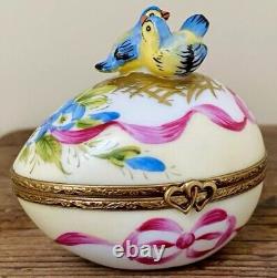 Vintage Limoges French Porcelain Trinket Box Bluebirds Peint Main Artist Signed