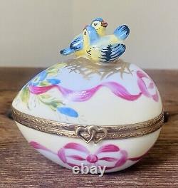 Vintage Limoges French Porcelain Trinket Box Bluebirds Peint Main Artist Signed