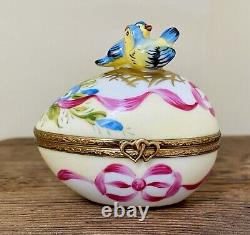 Vintage Limoges French Porcelain Trinket Box Bluebirds Peint Main Artist Signed