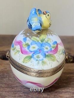 Vintage Limoges French Porcelain Trinket Box Bluebirds Peint Main Artist Signed