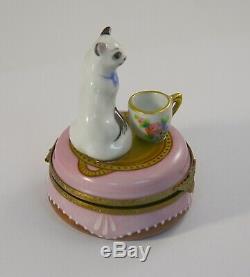 Vintage Limoges Hand Painted Cat & Cup Hinged Trinket Box Point Main France