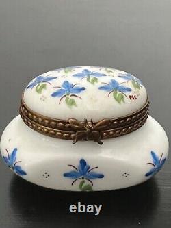Vintage Limoges MC Peint Main Blue Flower Trinket Box Butterfly Clasp pill box
