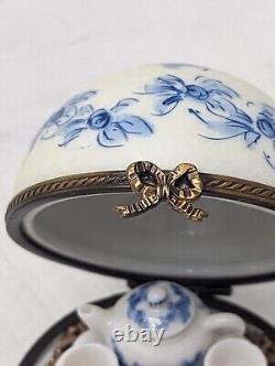 Vintage Limoges Orb Shaped Trinket Box with Miniature Tea Set Inside