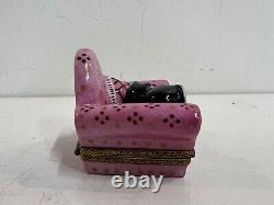 Vintage Limoges Peint Main France Cat on Pink Sofa Trinket Box
