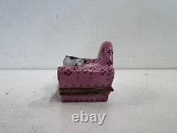 Vintage Limoges Peint Main France Cat on Pink Sofa Trinket Box
