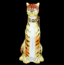 Vintage Limoges Rochard Peint Main Tiger Tabby Cat Trinket Box Collectable