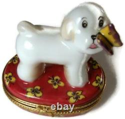 Vintage Limoges Trinket Box Bichon Frise Dog w Butterfly on Nose Ltd Ed 174/500