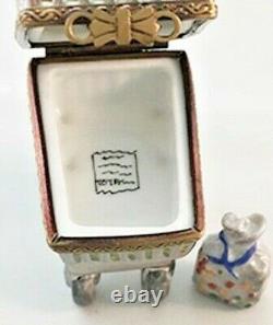 Vintage Porcelain Limoges Box Shopping Cart with Bag of Candy & Painted Receipt
