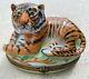 Vintage Resting Bengal Tiger Limoges Peint Main Box Signed Clasp France No. 38