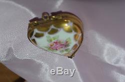 Vintage Rochard Limoges France Hand Painted Floral Heart Box Locket Pendant