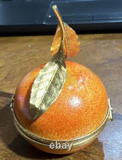 Vintage Rochard Limoges Orange Trinket Box With Brass Fitting