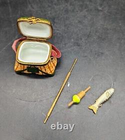 Vintage Rochard Limoges Peint Main Fishing Trinket Box Pole Fish Porcelain 1.75