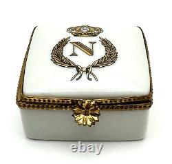 Vintage Signed Porcelain Limoges Square Trinket Box with Gilt Napoleon Crown