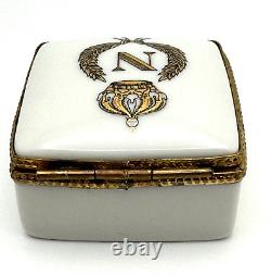 Vintage Signed Porcelain Limoges Square Trinket Box with Gilt Napoleon Crown