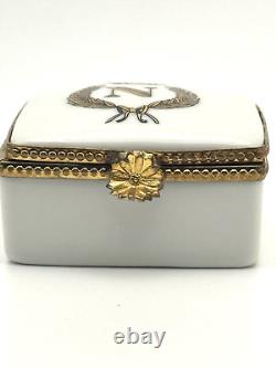 Vintage Signed Porcelain Limoges Square Trinket Box with Gilt Napoleon Crown