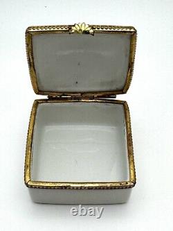 Vintage Signed Porcelain Limoges Square Trinket Box with Gilt Napoleon Crown