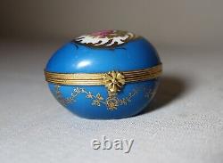 Vintage hand gilded Limoges French porcelain brass 3 egg blue trinket pill box