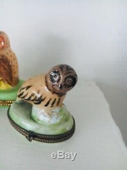 Vintage limoges peint main owl owls trinket box 3 Porcelain boxes RARE France