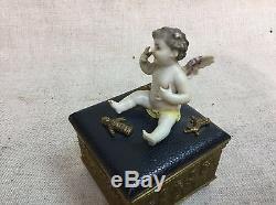 Vtg Antique French Limoge Baby Porcelain Figural Cherub Trinket Vanity Box