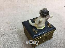 Vtg Antique French Limoge Baby Porcelain Figural Cherub Trinket Vanity Box