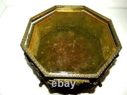 Vtg Gold Tone Brass & Glass Ormolu Footed Jewelry Trinket Box Hinged