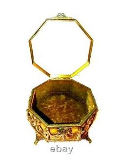 Vtg Gold Tone Brass & Glass Ormolu Footed Jewelry Trinket Box Hinged