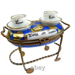 Vtg LIMOGES hinged trinket box porcelain metal TEA COFFEE CART Hotel Paris Elle