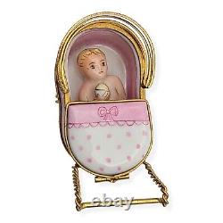 Vtg Limoges France Baby Carriage Buggy Hinged Trinket Box Peint Main Pink Gold