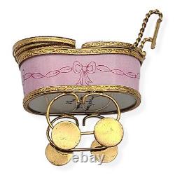 Vtg Limoges France Baby Carriage Buggy Hinged Trinket Box Peint Main Pink Gold