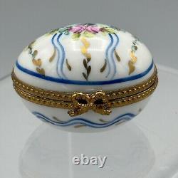 Vtg Limoges France Egg Shaped Hinged Trinket Box Floral Ribbon Thimble Inside