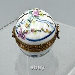 Vtg Limoges France Egg Shaped Hinged Trinket Box Floral Ribbon Thimble Inside